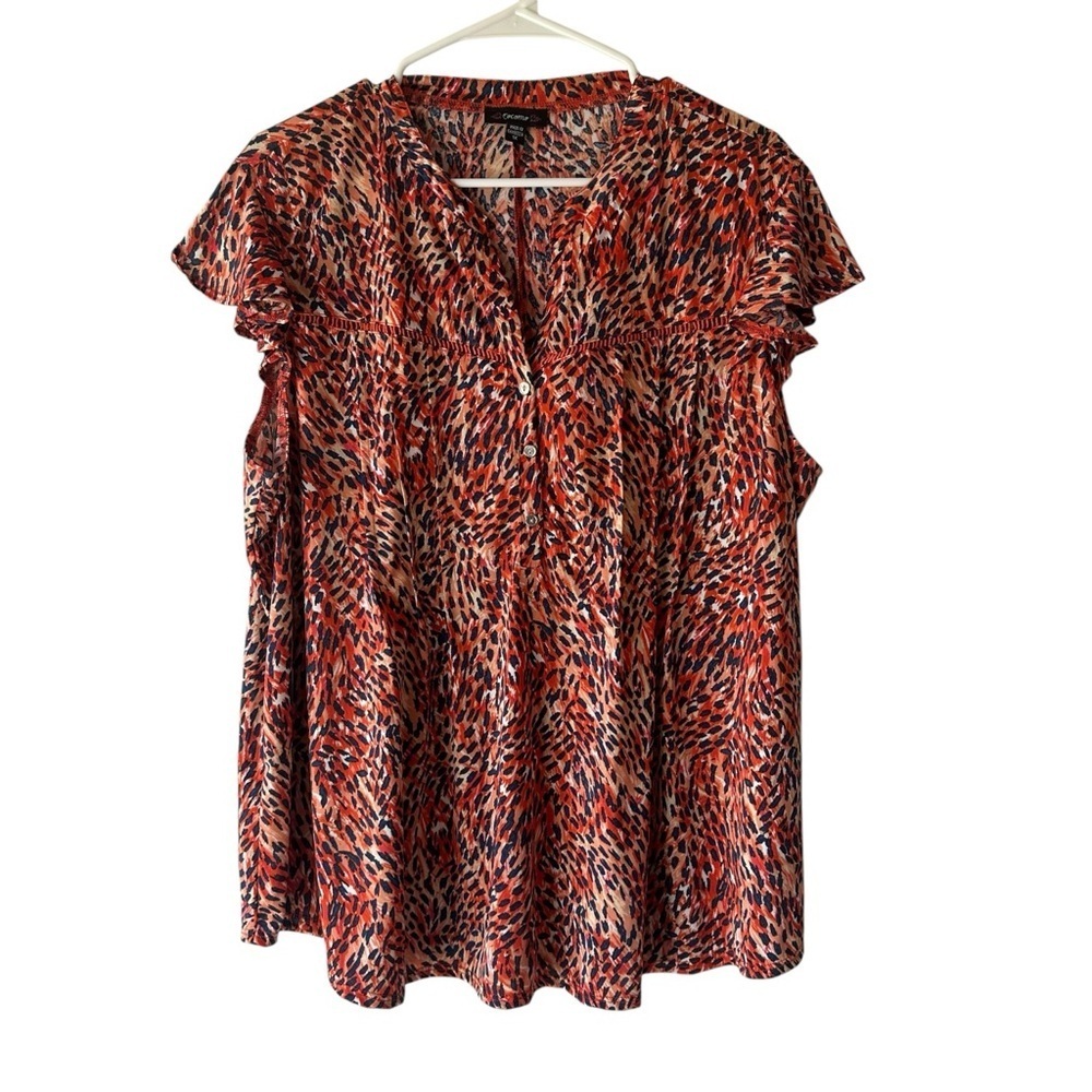 Women's 1X Orange Navy Stretch Cheetah PLUS Cap Sleeve Pleat Work Casual Blouse